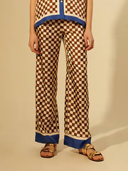 Checkerboard Blue Stripe Unique Print Splicing Loose Elastic Pants