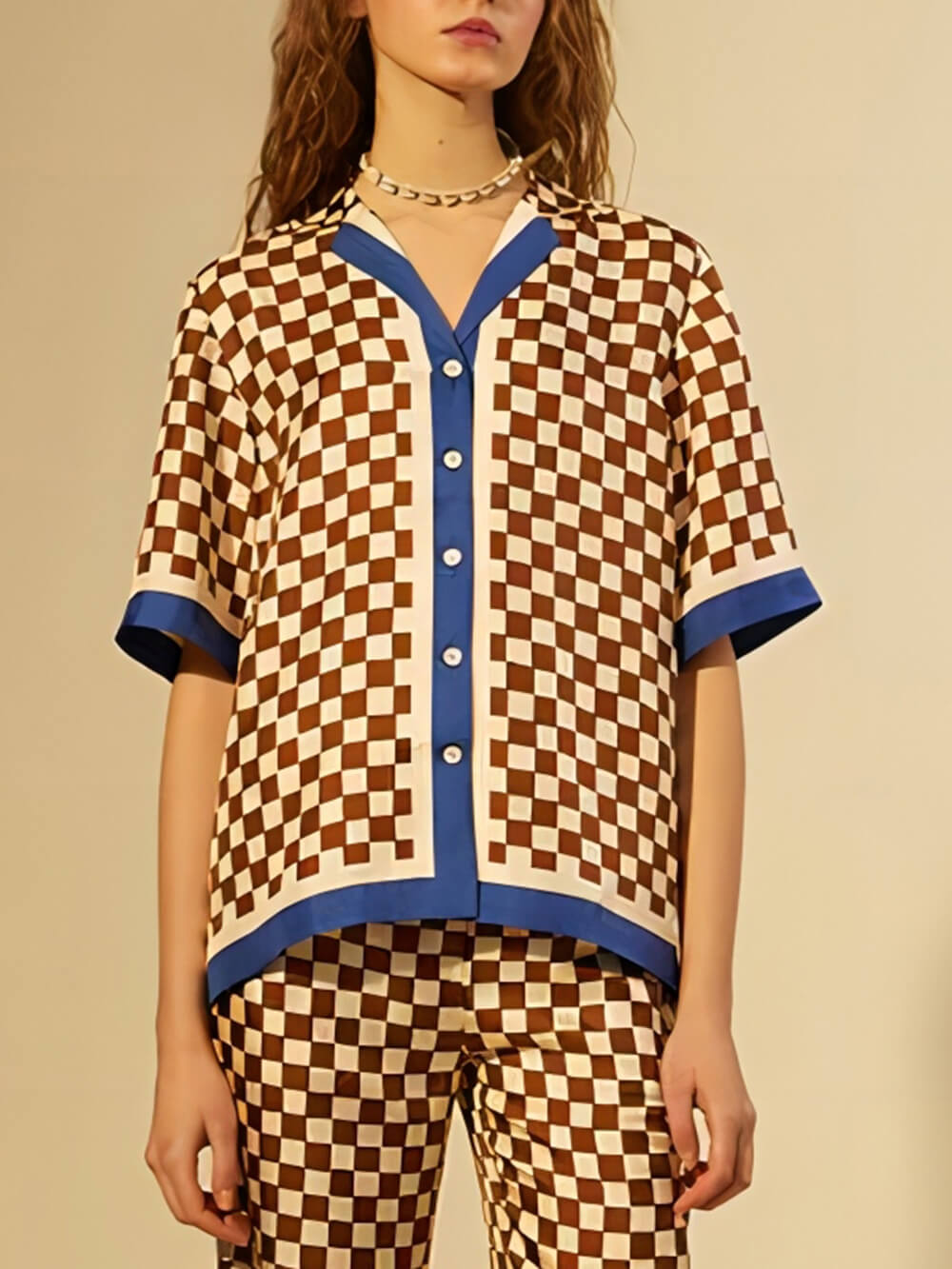 Checkerboard Blue Stripe Unique Print Patchwork Loose Top