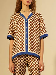 Checkerboard Blue Stripe Unique Print Patchwork Loose Top