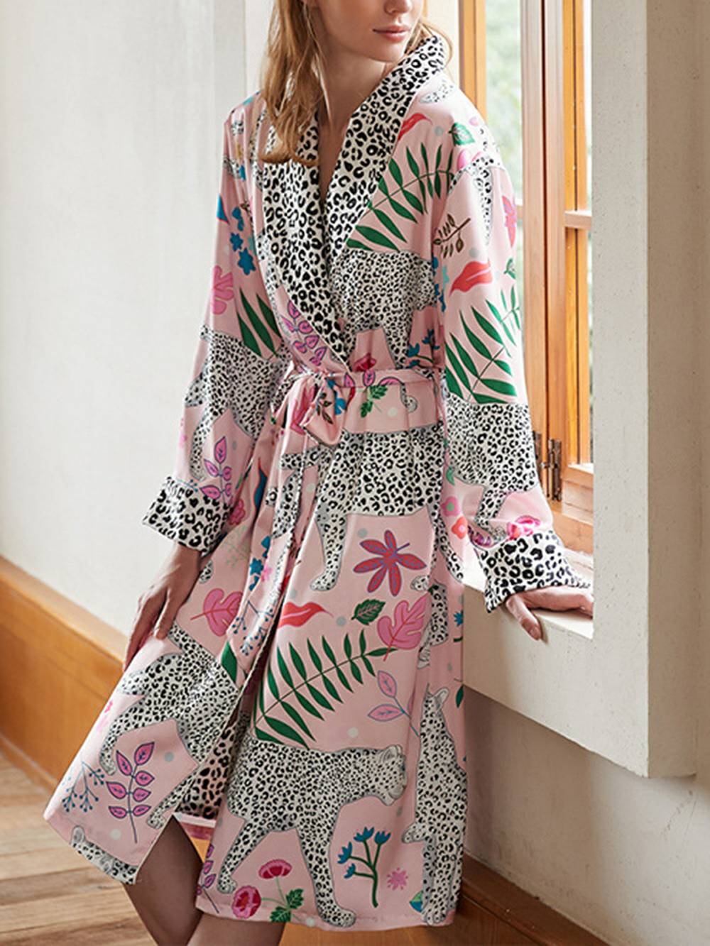 Pink Leopard Robe Dressing Pink Snow Leopard Silk Robe Set – Aesvs