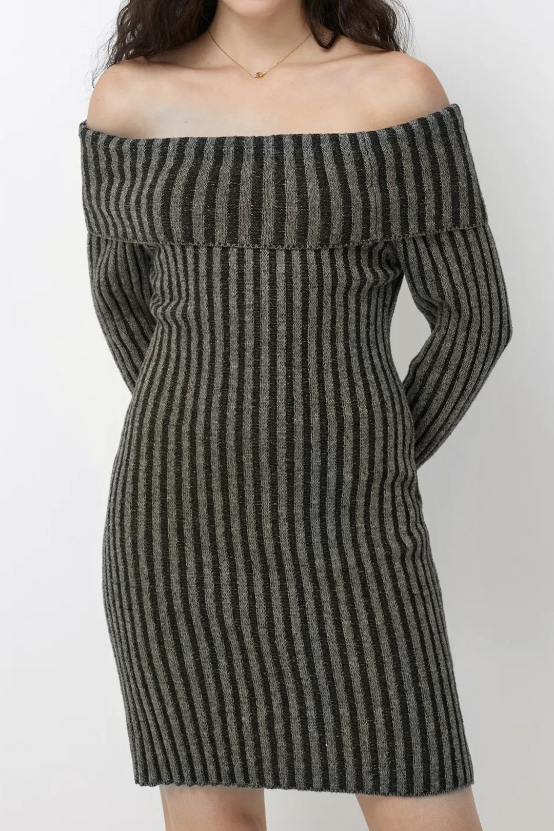 Stripe Knit Off The Shoulder Sweater Midi Dress