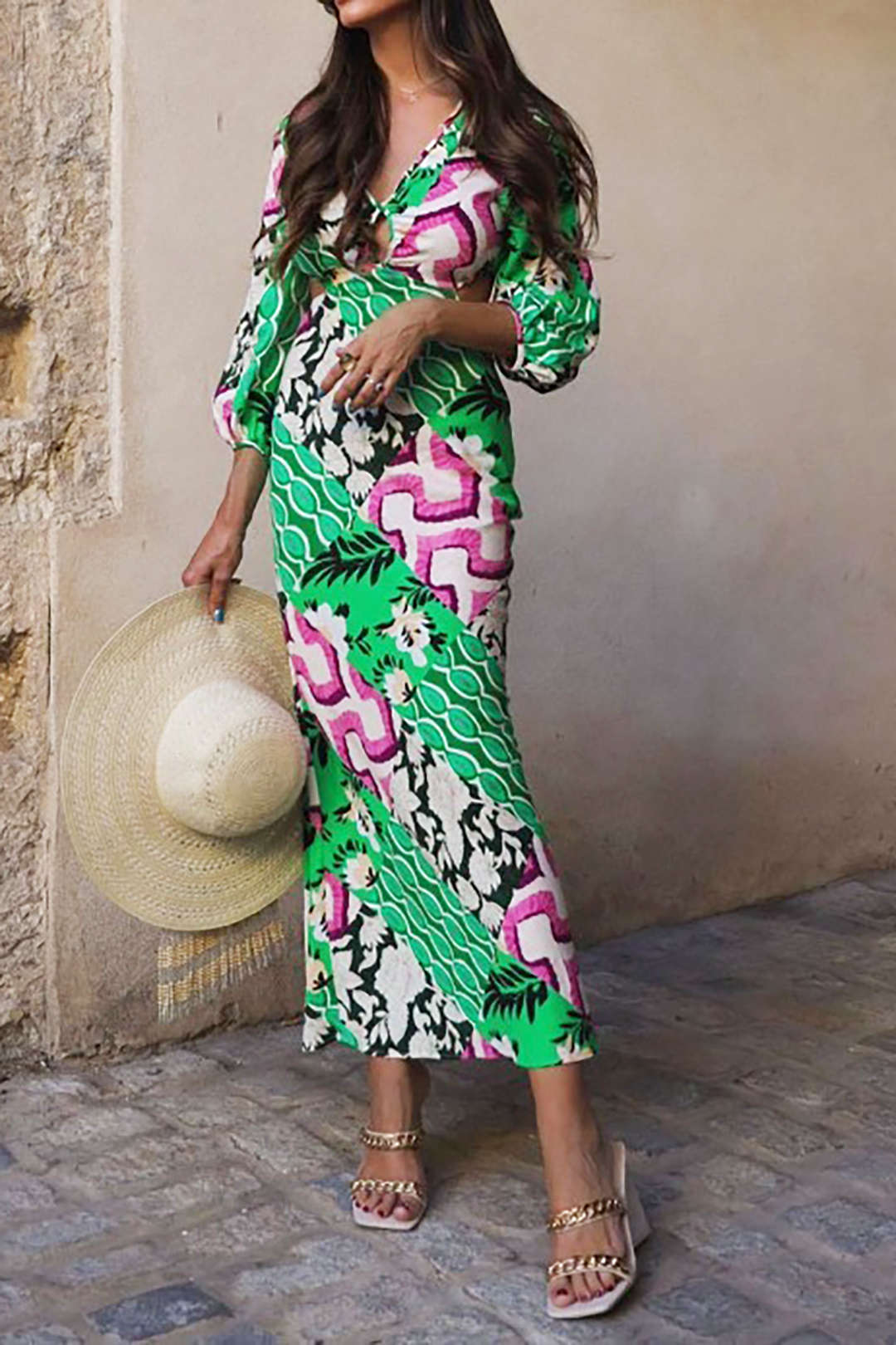 Floral Print  V-neck Back Tie Cut Out Maxi Dress