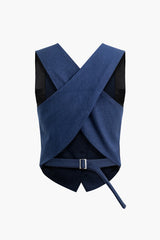 Cross Back Belted V-neck Button Up Vest