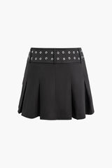 Pleated Flap Pocket Mini Skirt With Buckle Belt