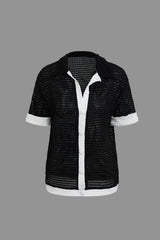 Contrast Collared Button Up Open Knit Shirt And Shorts Set