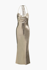 Metallic Halter Backless Maxi Dress