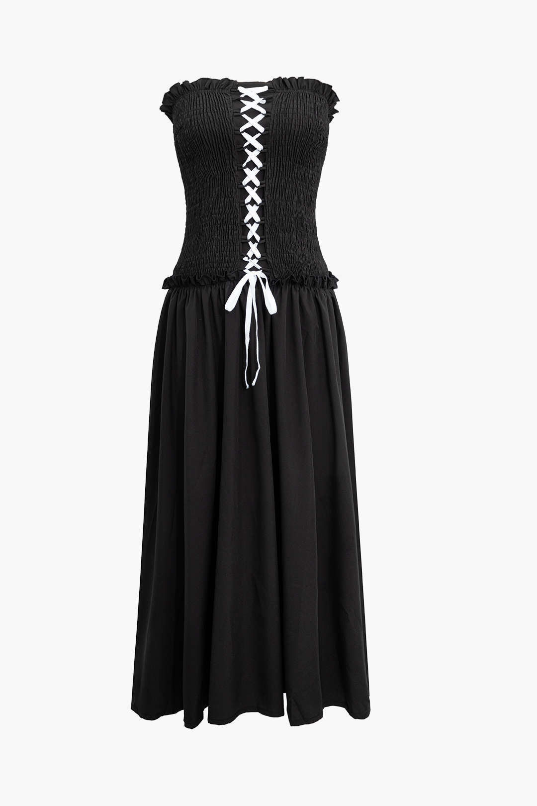 Lace-Up Smocked Strapless Maxi Dress