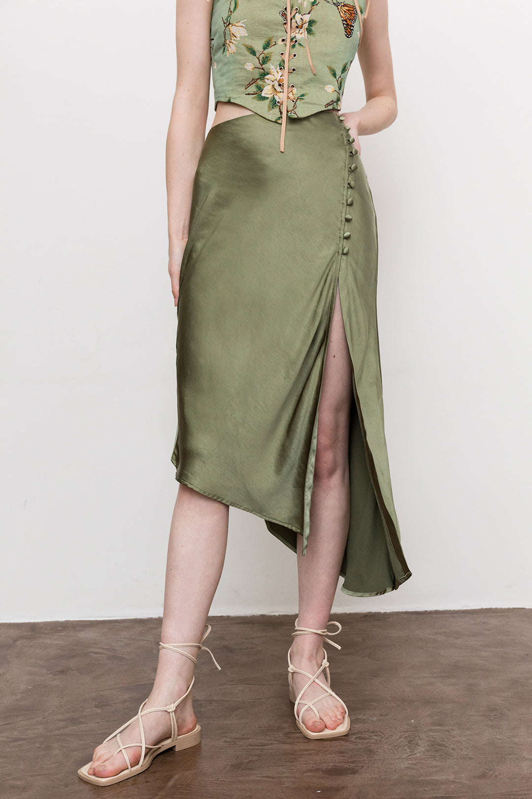 Asymmetric Hem Slit Button Deco Skirt