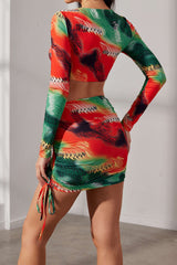 Abstract Print Cut Out Tie V-neck Crop Top And Mini Skirt Set