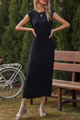 Fashion Simplicity Solid Slit O Neck Long Dress Dresses