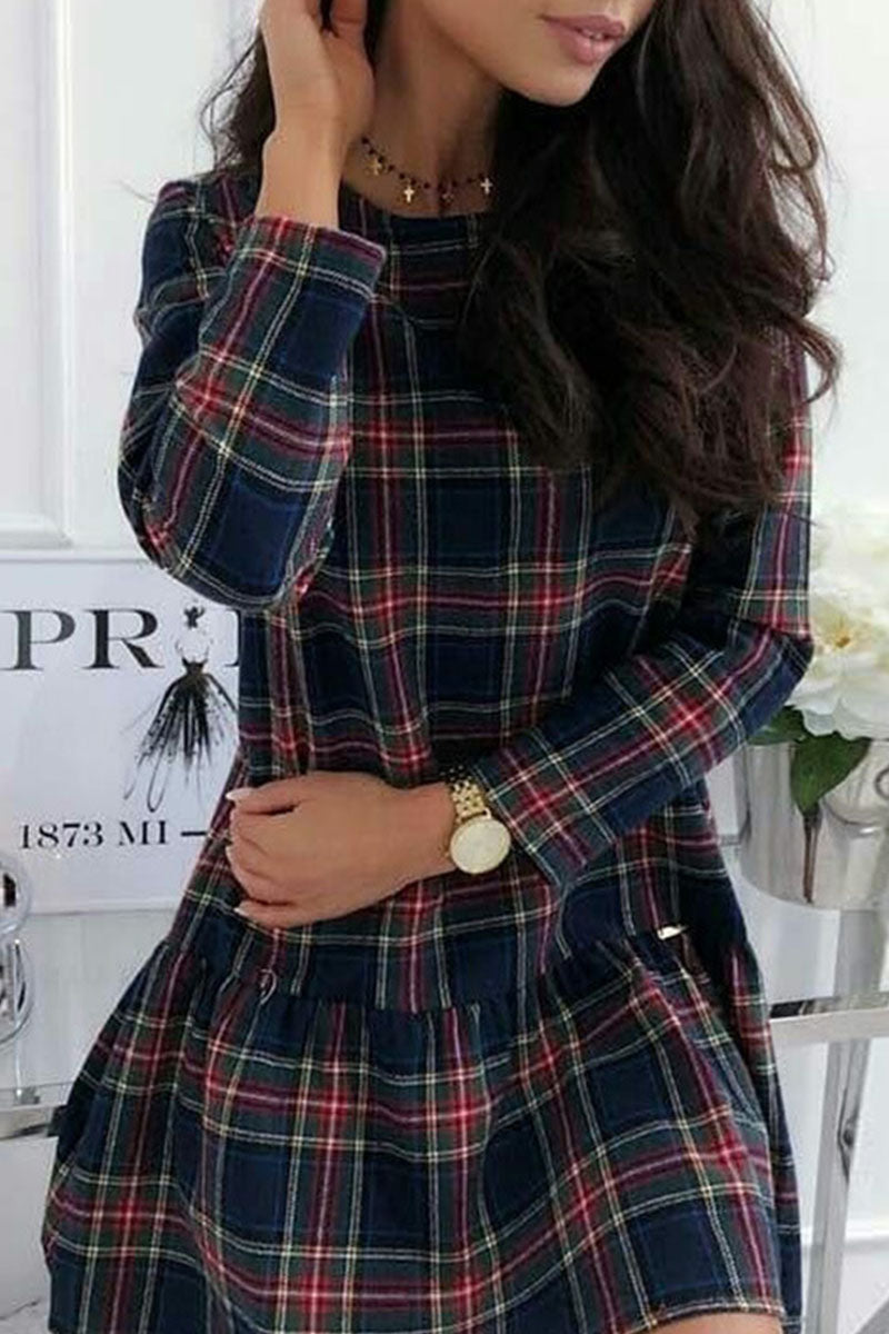 Fashion Casual Plaid Split Joint Mandarin Collar Princess Dresses