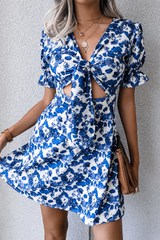 Fashion Elegant Floral Hollowed Out Strap Design V Neck A Line Dresses