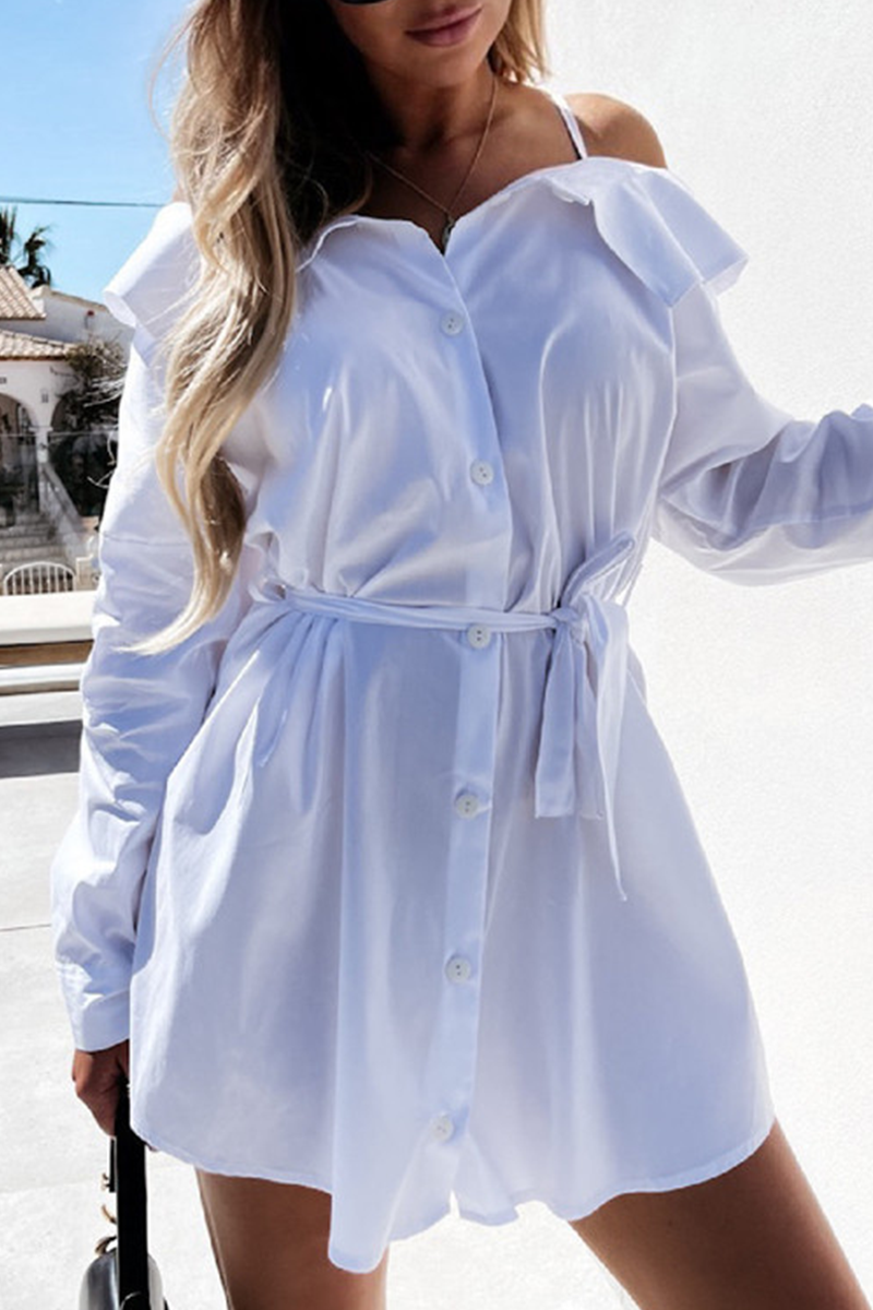 Fashion Street Solid Buckle With Belt Off the Shoulder Irregular Dress Dresses