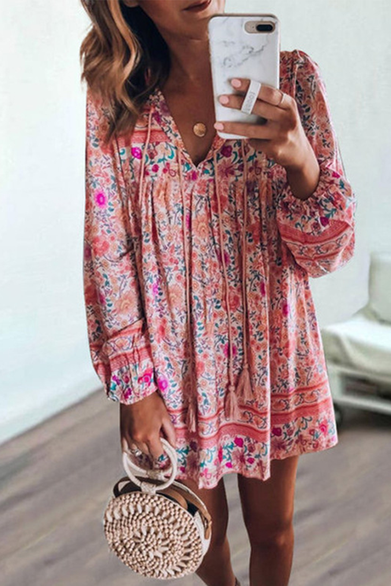 Casual Print Patchwork V Neck Cake Skirt Dresses(4 colors)