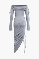 Off Shoulder Tie Ruched Asymmetrical Hem Slit Long Sleeve Knit Midi Dress