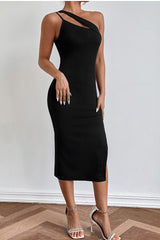 Asymmetrical Shoulder Slit Midi Dress