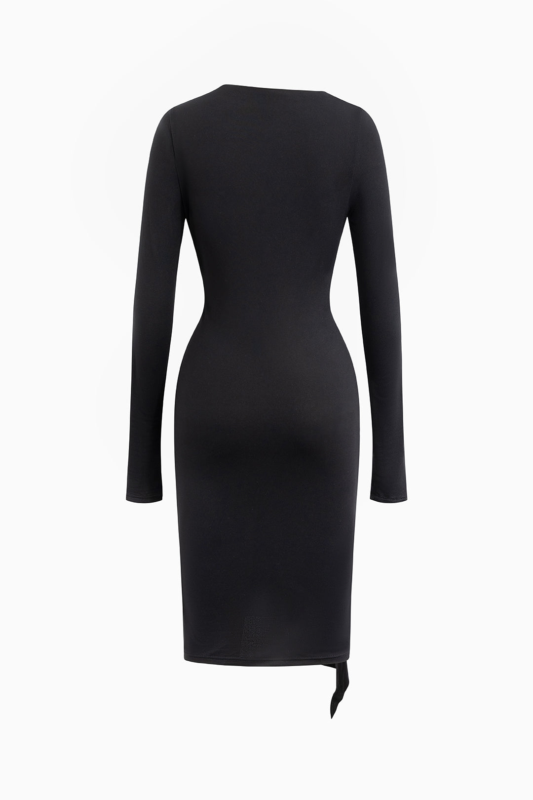 Asymmetrical Neck Slit Ruched Long Sleeve Midi Dress