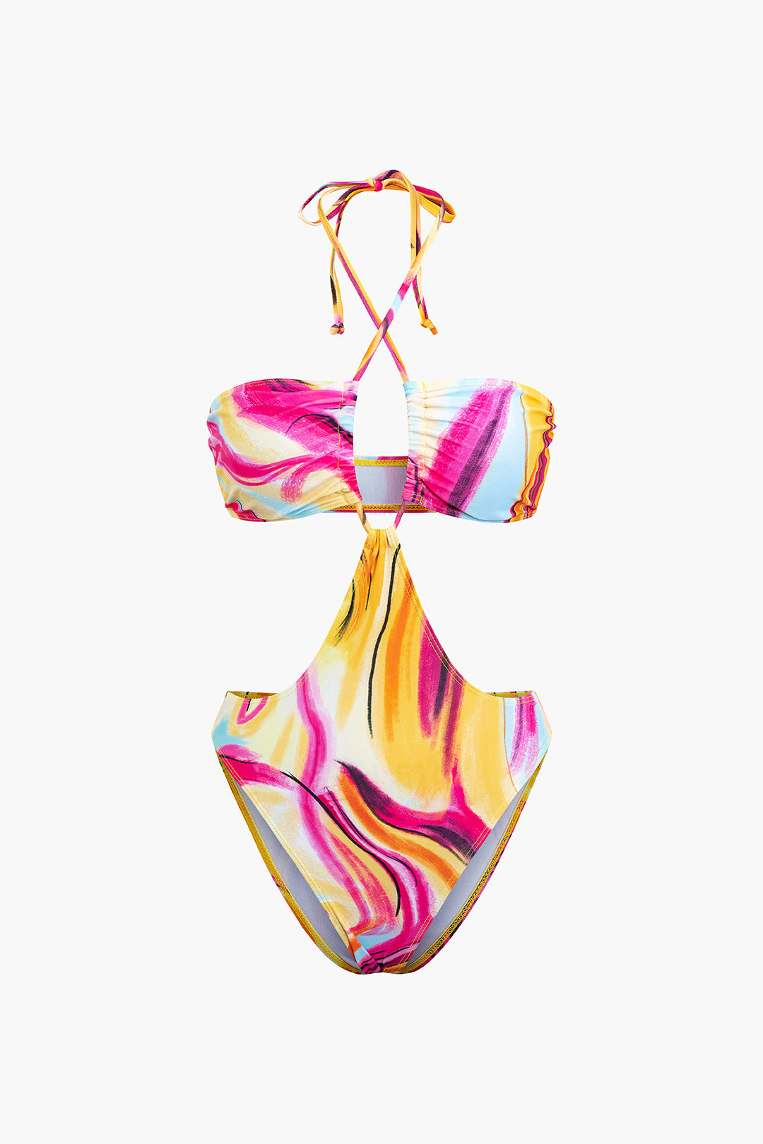 Abstract Print Halter One-piece Swimsuit And Knot Mini Sarong Skirt Set