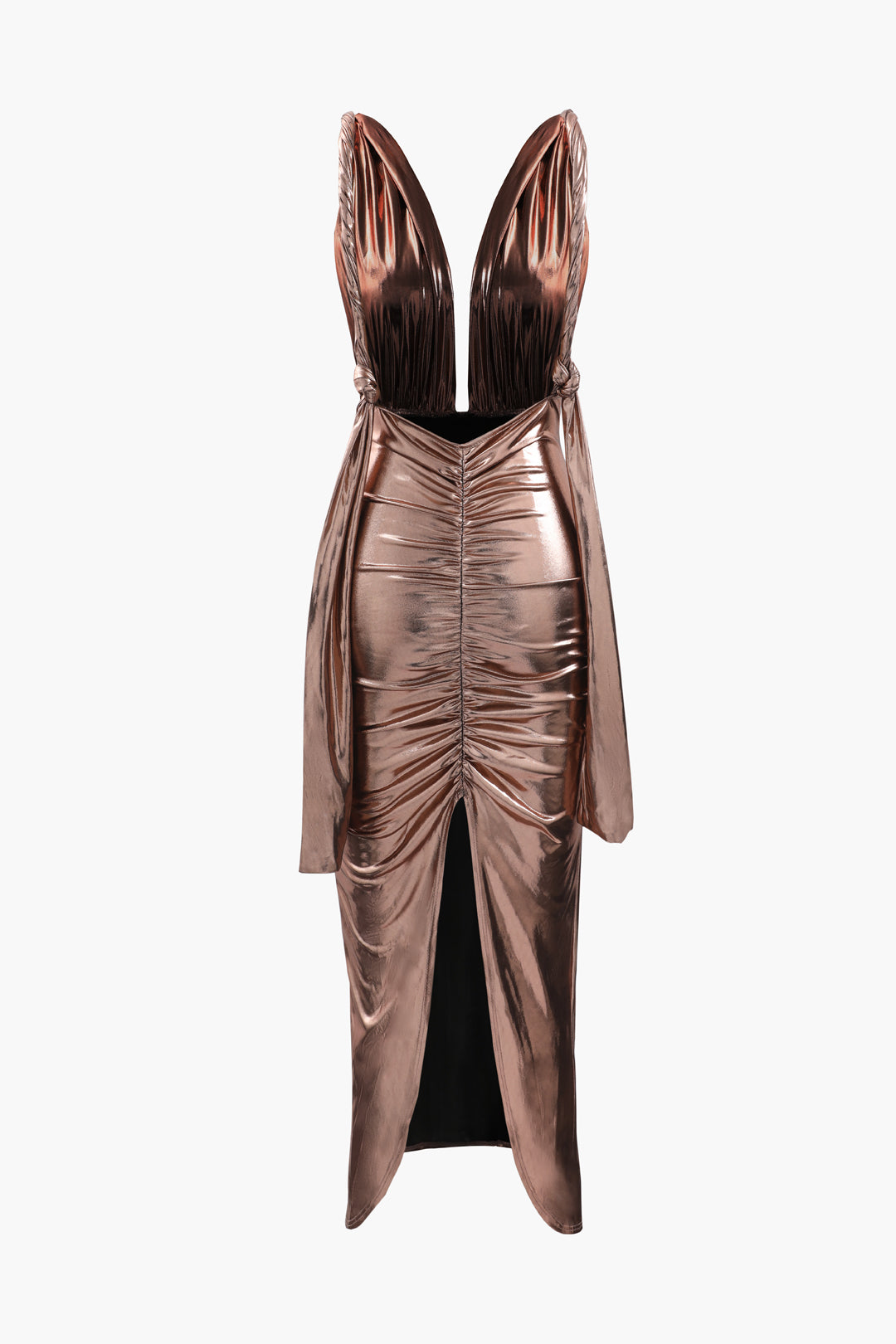 Metallic Deep V Neck Backless Slit Maxi Dress