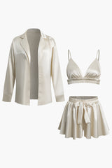Solid Ruched Bra Top And Shorts And Shirts 3pc Set