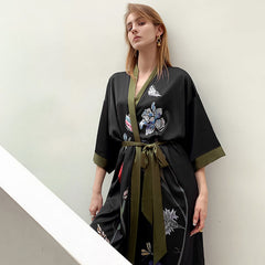 Black Khaki Women's Light Luxury Silky Satin Kimono Robe
