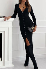 Button Up Ribbed Knit Long Sleeve Maxi Dress