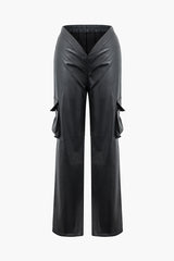 V-Waist Faux Leather Flap Pocket Straight Leg Pants