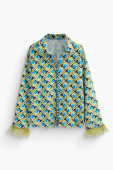 Geometric Print Fringe Cuff Shirt And Straight Leg Pants Set
