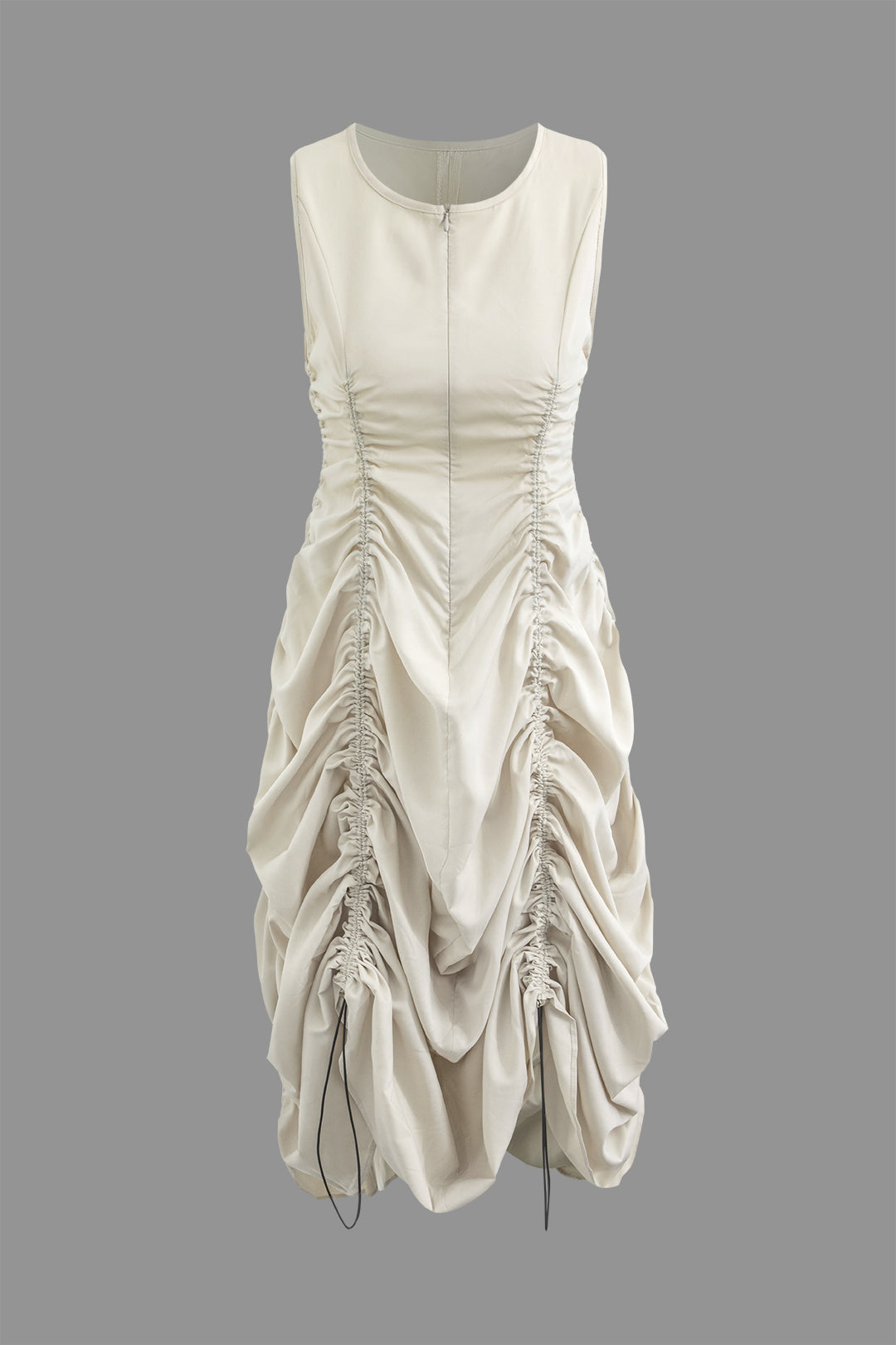 Round Neck Ruched Drawstring Sleeveless Midi Dress