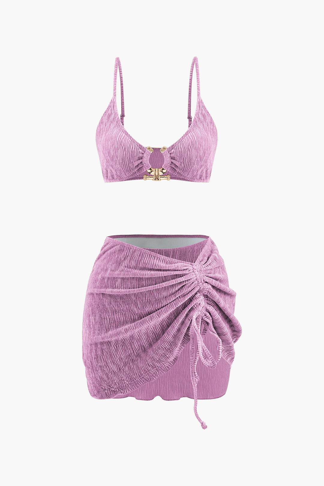 Velvet Textured U-ring Bikini And Sarong 3pc Set