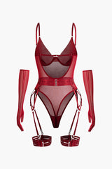 Sheer Mesh Belted Backless Bodysuit With Glove