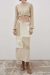 Patchwork Knit Drawstring Midi Skirt