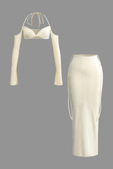 Twist Tie Halter Long Sleeve Bra Top And Maxi Skirt Set