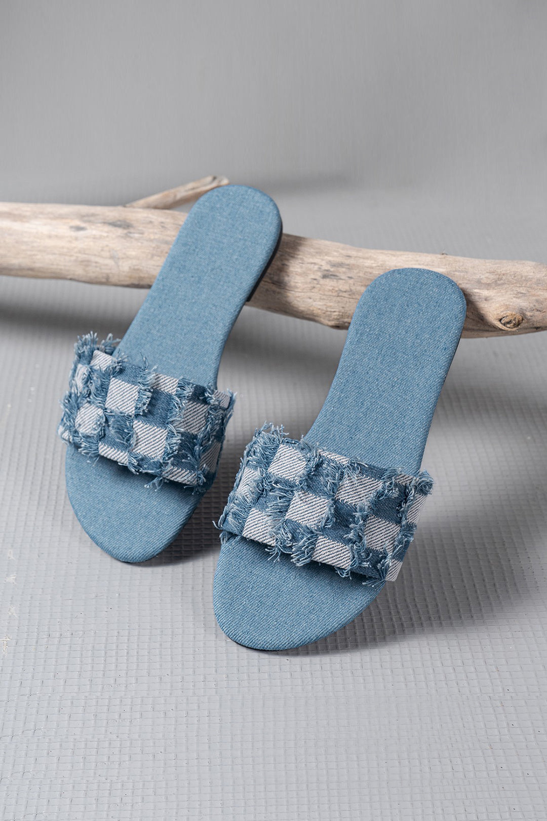 Plaid Frayed Denim Slippers