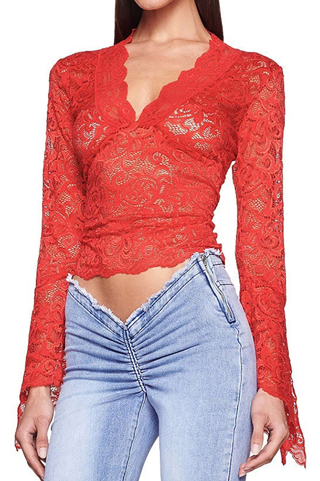 Lace V-neck Bell Sleeves Crop Top