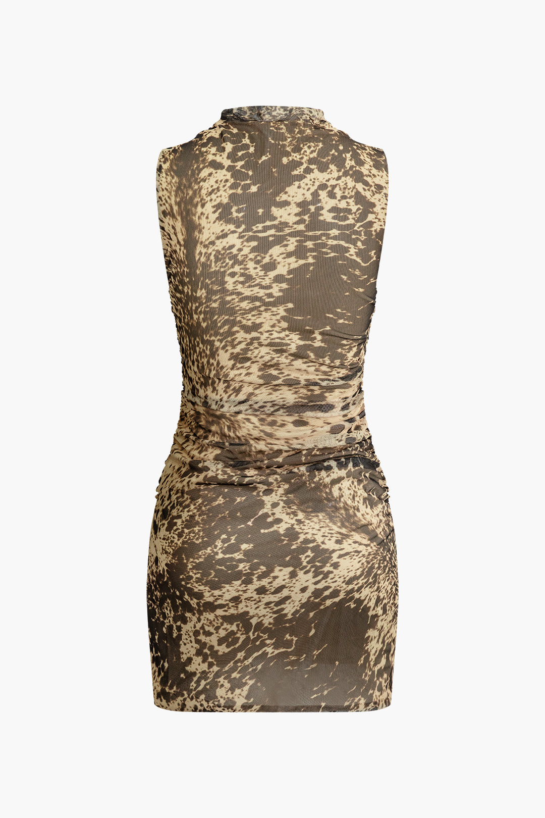 Abstract Print Mesh Mock Neck Sleeveless Mini Dress