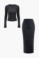 Solid Round Neck Long Sleeve Top And Maxi Skirt Set