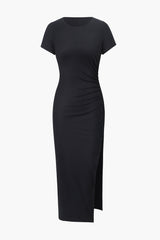 Solid Color Rib Knit Short Sleeve Slit Midi Dress