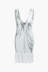 V-neck Sequin Fringe Hem Midi Sleeveless Dress