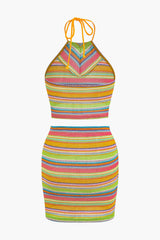Rainbow Crochet Tie Halter Tank Top And Mini Skirt Set