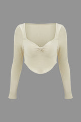 Square Neck Twist Front Crop Rib Knit Long Sleeve Top