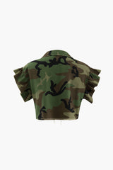 Camo Ruffle Sleeve Crop Frayed T-Shirt