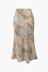 Marble Print Drawstring Slit Midi Skirt