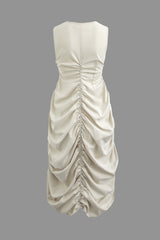 Round Neck Ruched Drawstring Sleeveless Midi Dress