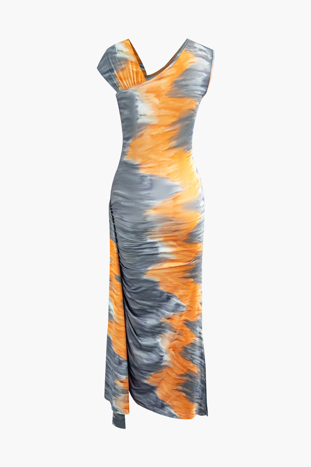 Tie Dye Ruched Asymmetrical Maxi Dress