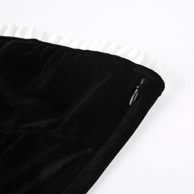 Pleated Trim Black Strapless Velvet Mini Dress