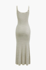 Stripe Square Neck Rib Knit Midi Dress