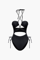 Solid Halter Tie Cut Out One-piece Swimsuit