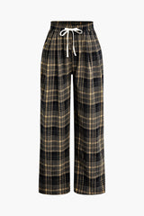 Check Drawstring High Waist Straight Leg Pants