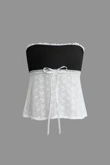 Patchwork Ruffle Neckline Tie Knot Strapless Top